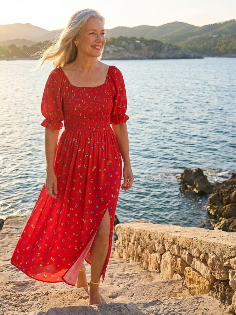 Delphine | Robe Midi à Manches Bouffantes et Décolleté Carré à Fleurs