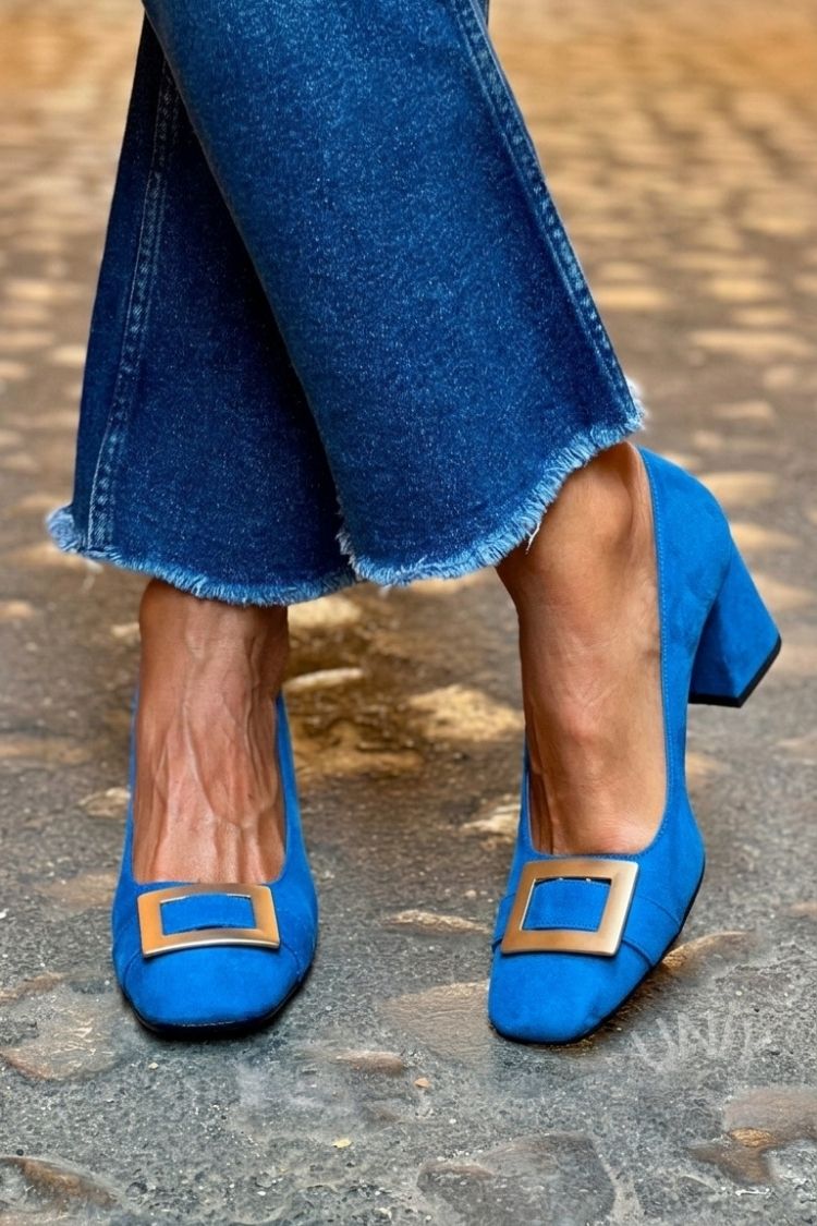 Talons larges patchwork Bleu Marine à bout carré