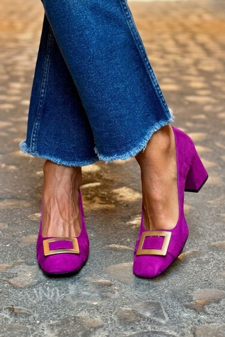 Talons larges patchwork Bleu Marine à bout carré