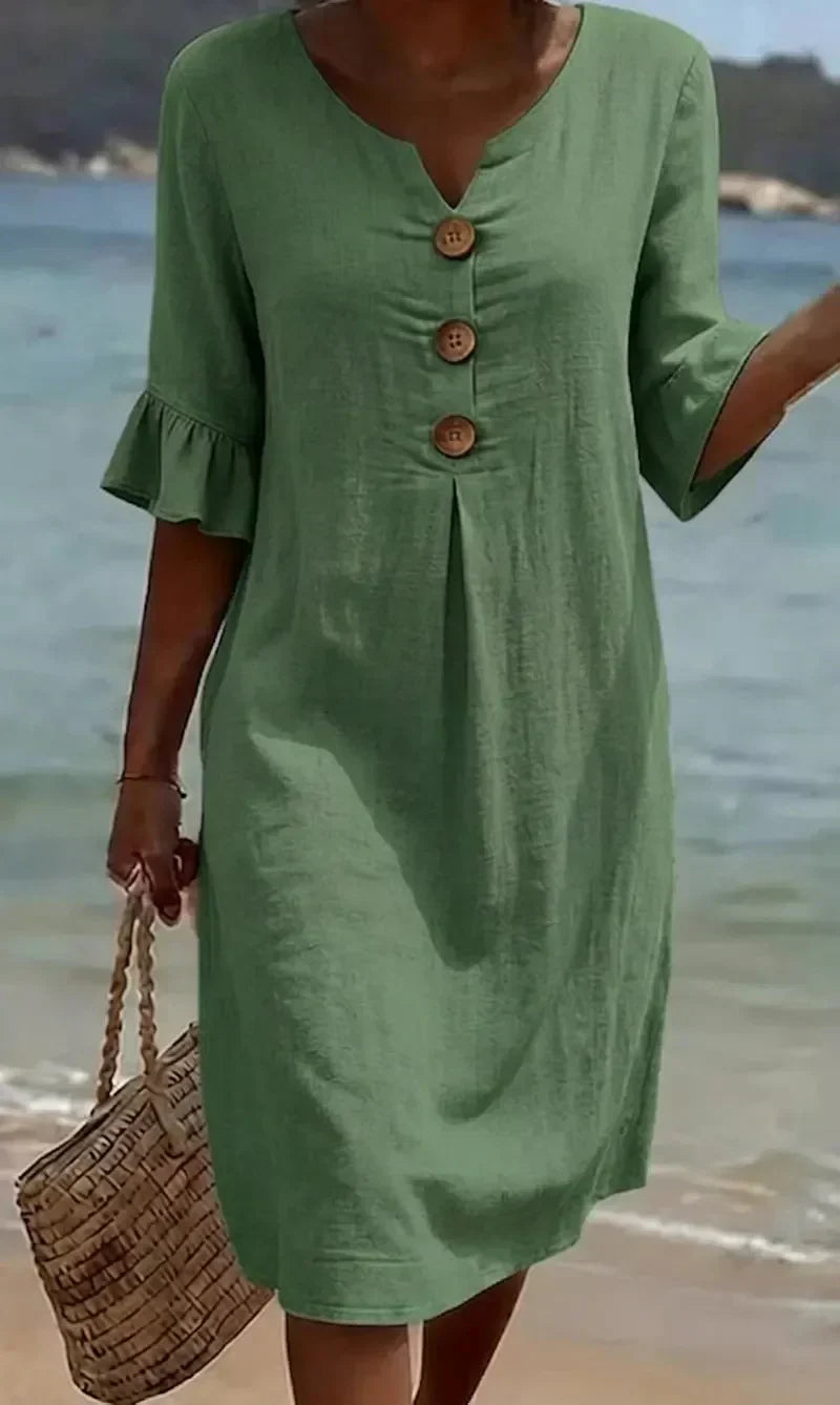 Vanesa | Robe en lin texturé avec manches ballon et boutons