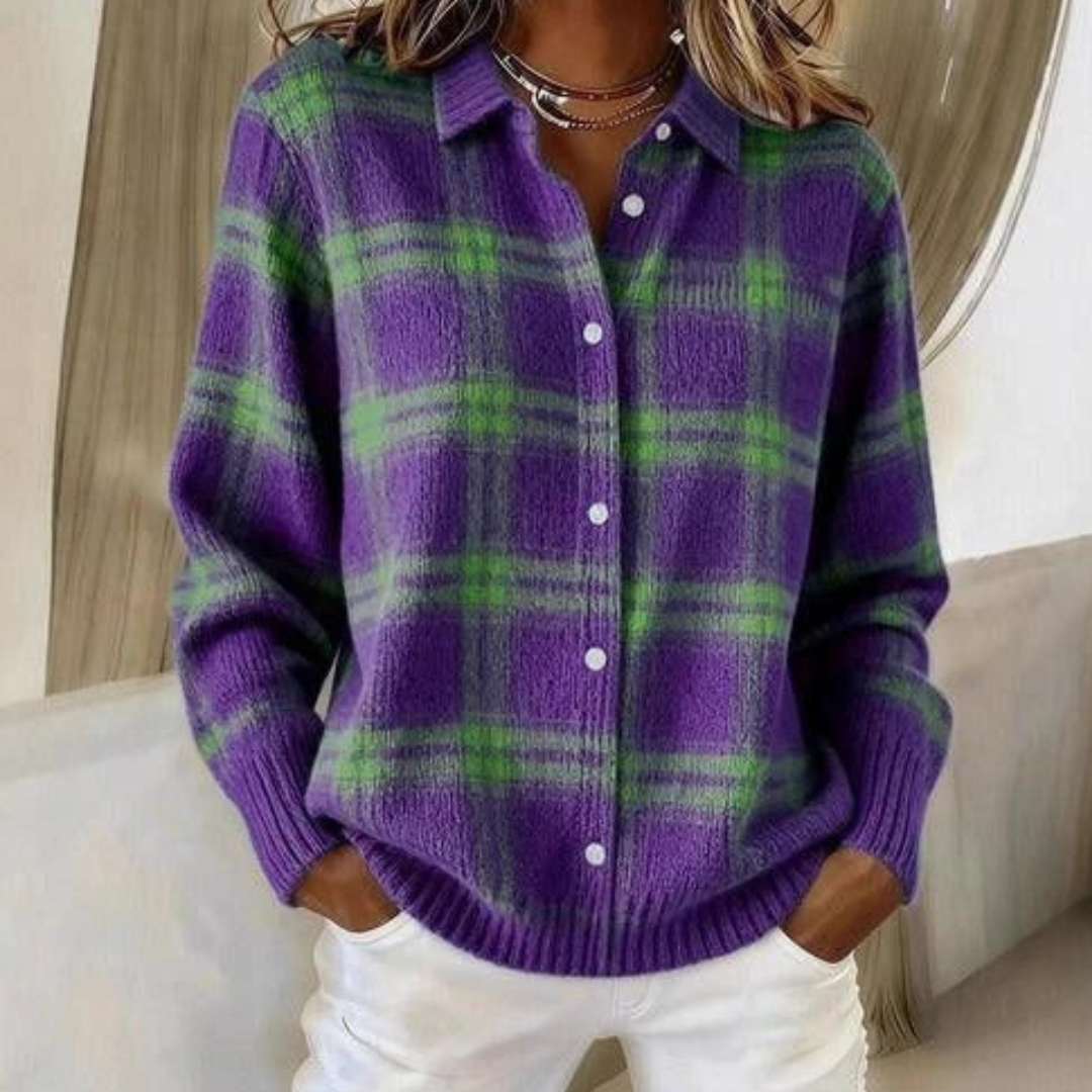 Mireille | Cardigan en maille à carreaux violet foncé