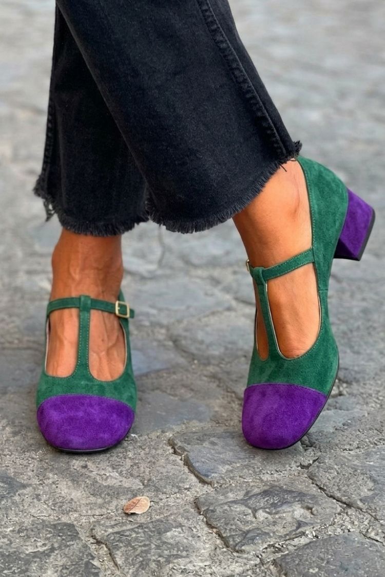 Talons larges patchwork Rouge à bout rond avec boucle et bride en T