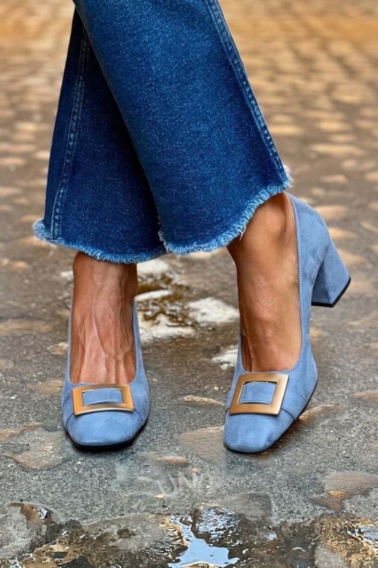 Talons larges patchwork Bleu Marine à bout carré