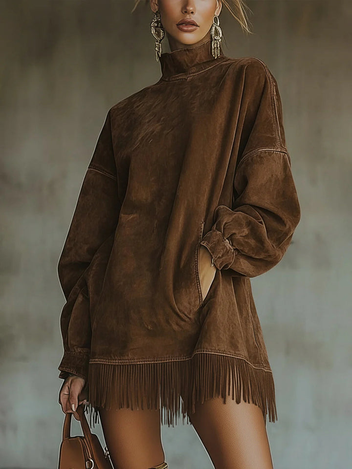 Sixtine | Robe en Suédine à Col Montant et Franges