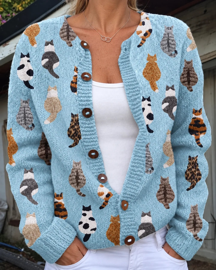 Charlotte | Cardigan en tricot doux à boutons avec imprimé chat