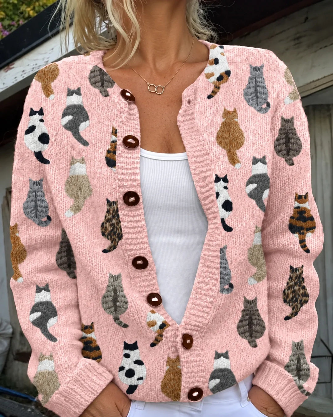 Charlotte | Cardigan en tricot doux à boutons avec imprimé chat