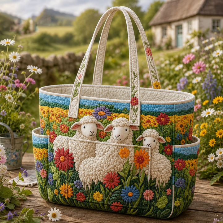 Solène | Sac cabas matelassé aux moutons fleuris