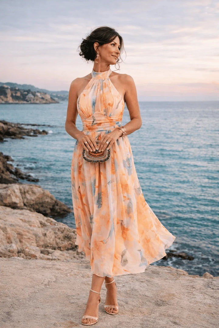 Aurore | Robe à décolleté Halter et Impression Aquarelle