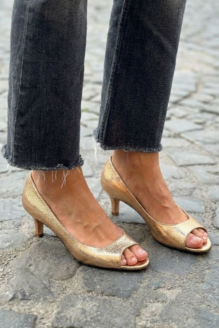 Talons kitten peep toe métallisés chic Or Champagne