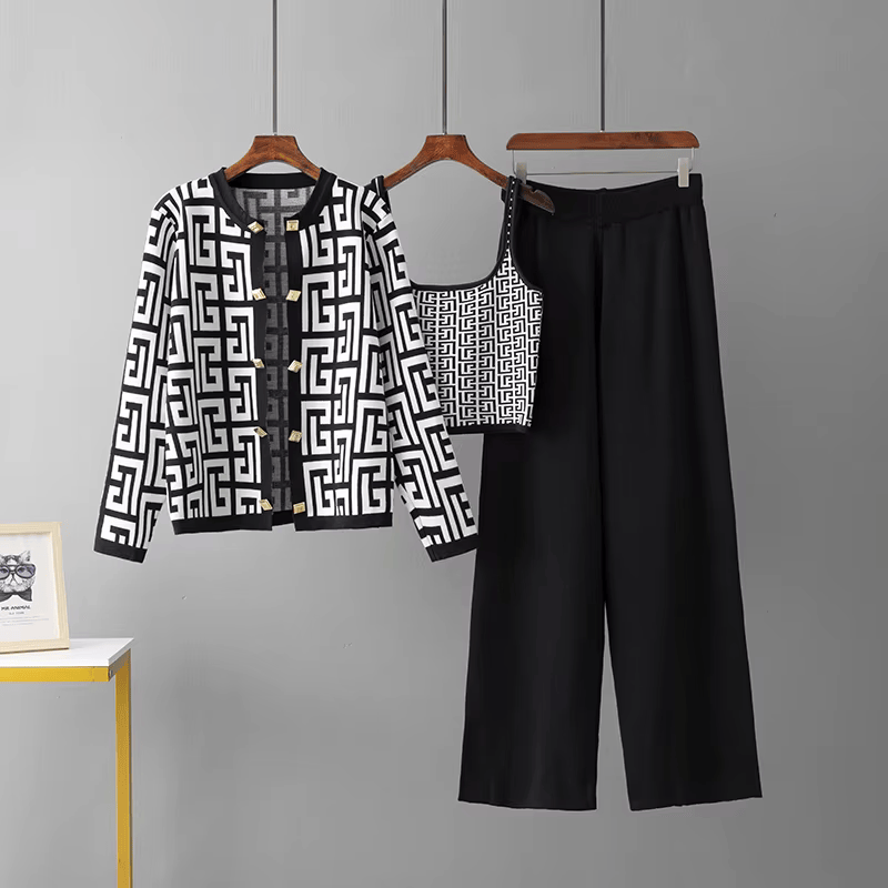 Avery™ - Costume trois pièces à col O en tartan rétro élégant