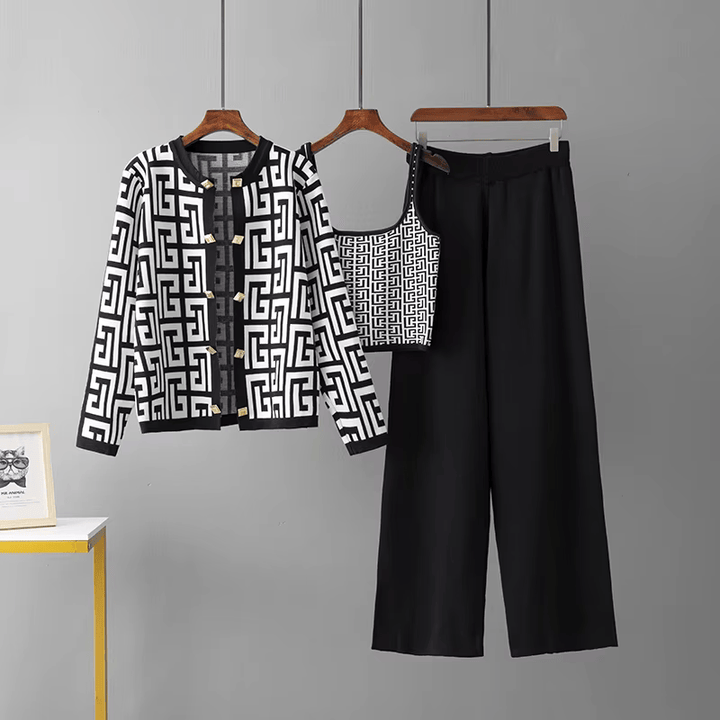 Avery™ - Costume trois pièces à col O en tartan rétro élégant
