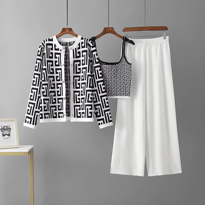 Avery™ - Costume trois pièces à col O en tartan rétro élégant