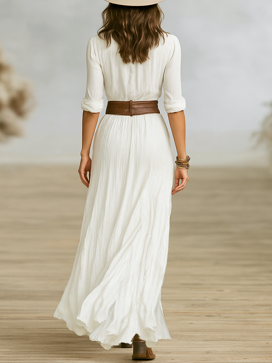 Philippine | Robe Longue en Coton-Lin à Col Inversé