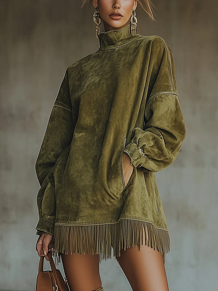 Sixtine | Robe en Suédine à Col Montant et Franges