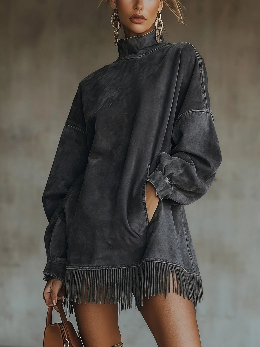 Sixtine | Robe en Suédine à Col Montant et Franges