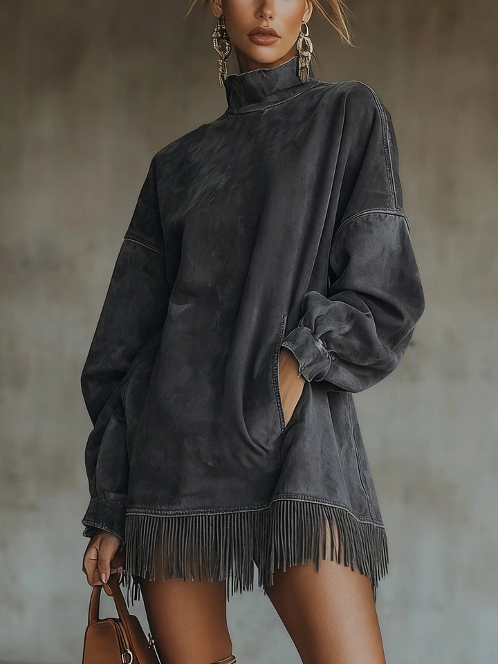 Sixtine | Robe en Suédine à Col Montant et Franges