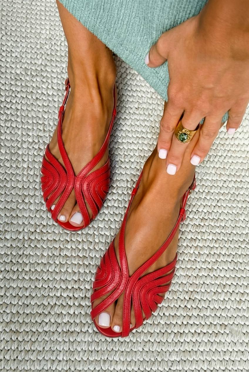 Sandales peep toe estivales basses rouges en cuir avec des brides