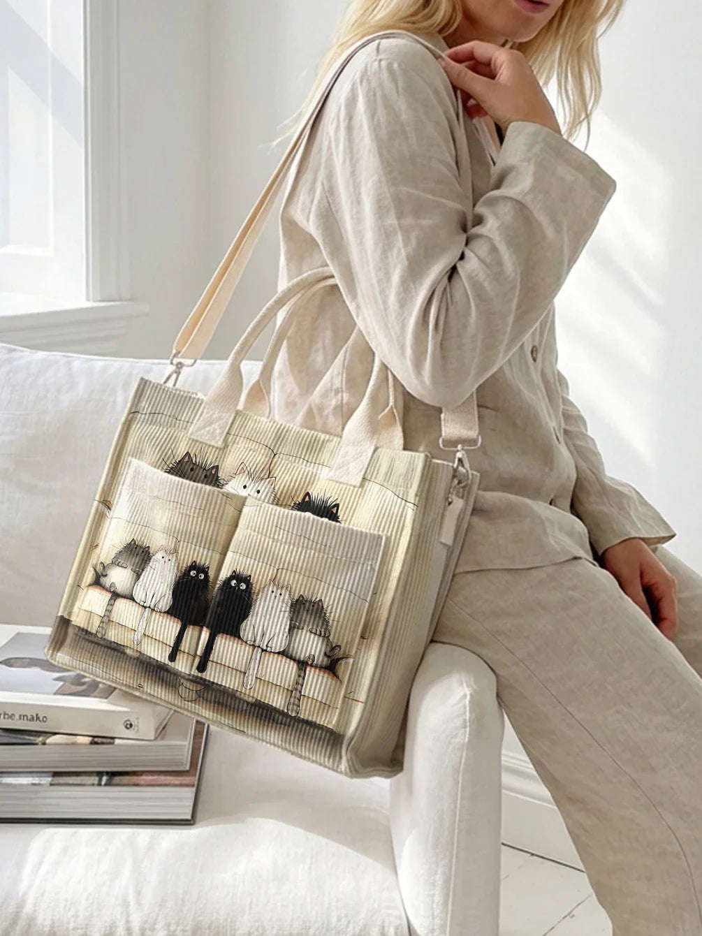 Olympe | Sac cabas en velours côtelé chats sur fond beige