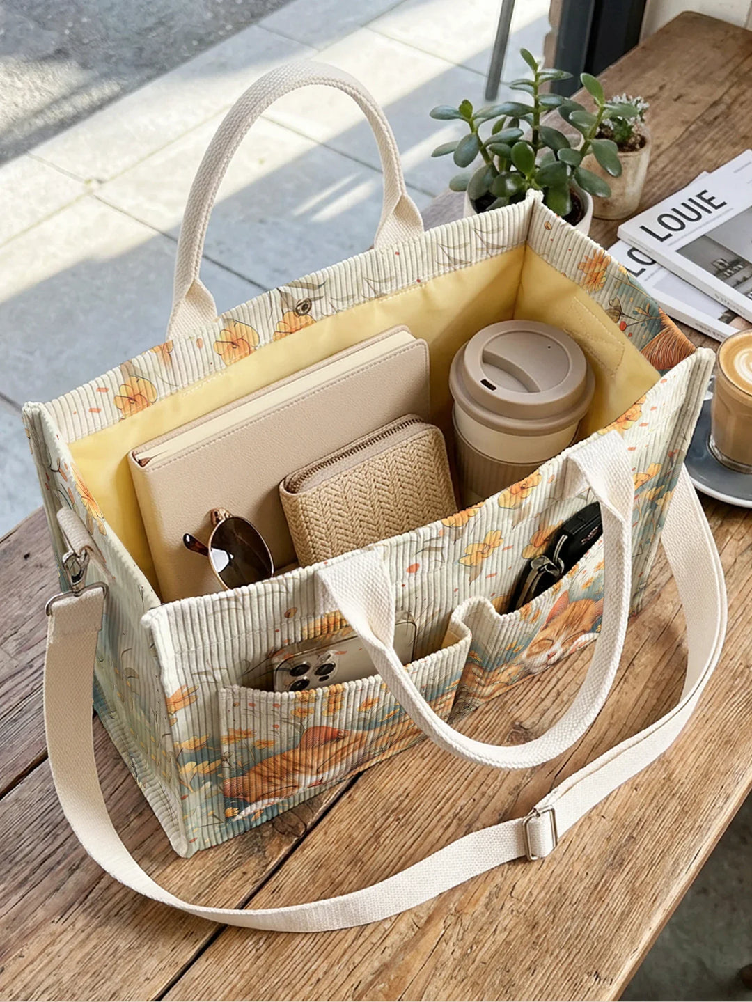 Pascaline | Sac cabas en velours côtelé chat endormi