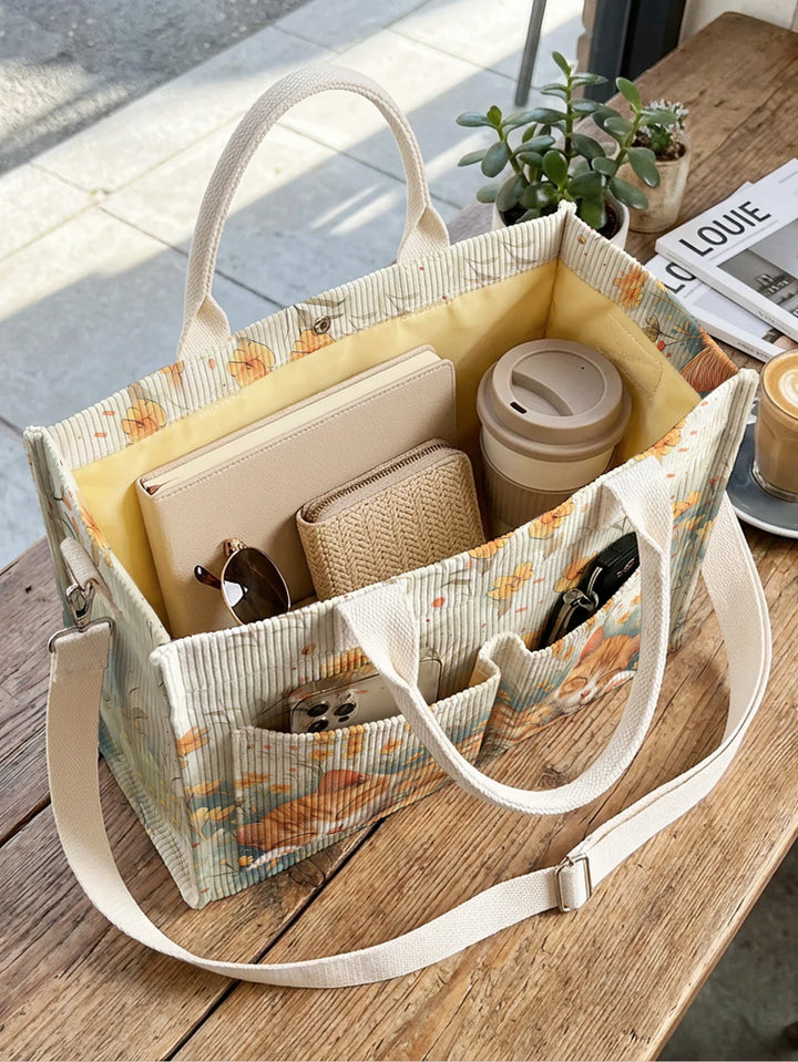 Pascaline | Sac cabas en velours côtelé chat endormi