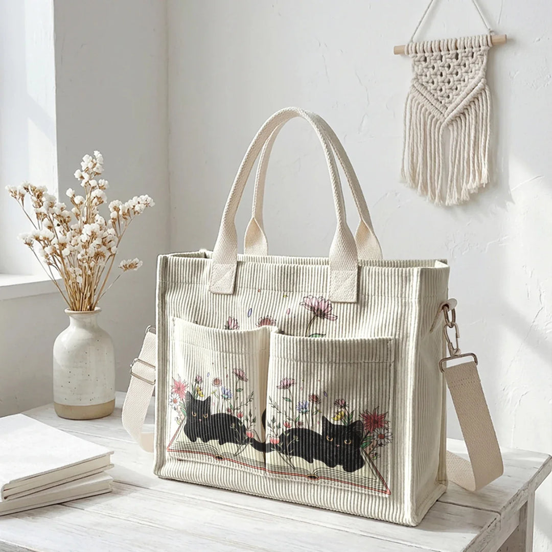 Nélia | Sac cabas en velours côtelé chat lecteur