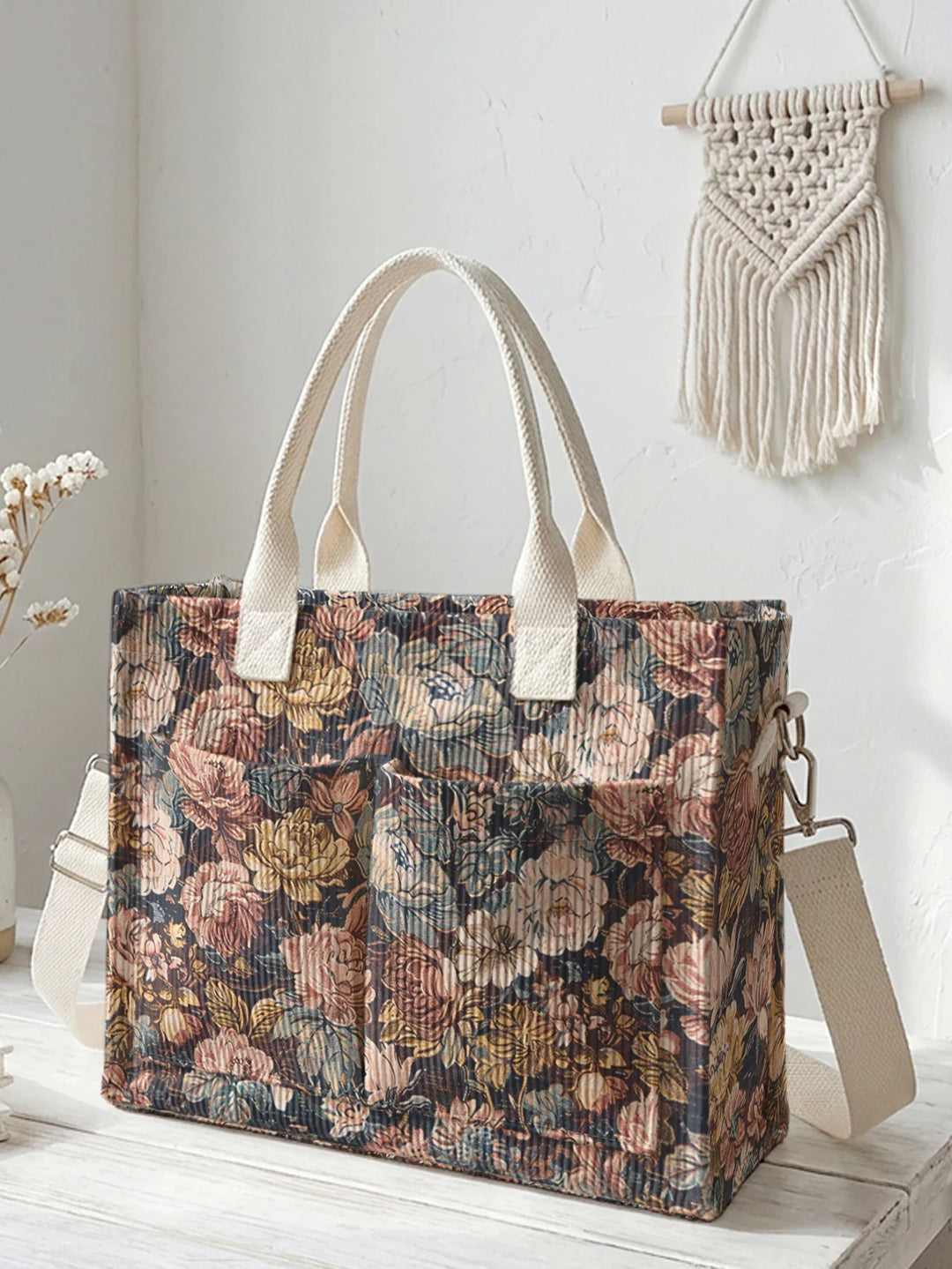 Vanina | Sac cabas en velours côtelé fleurs vintage