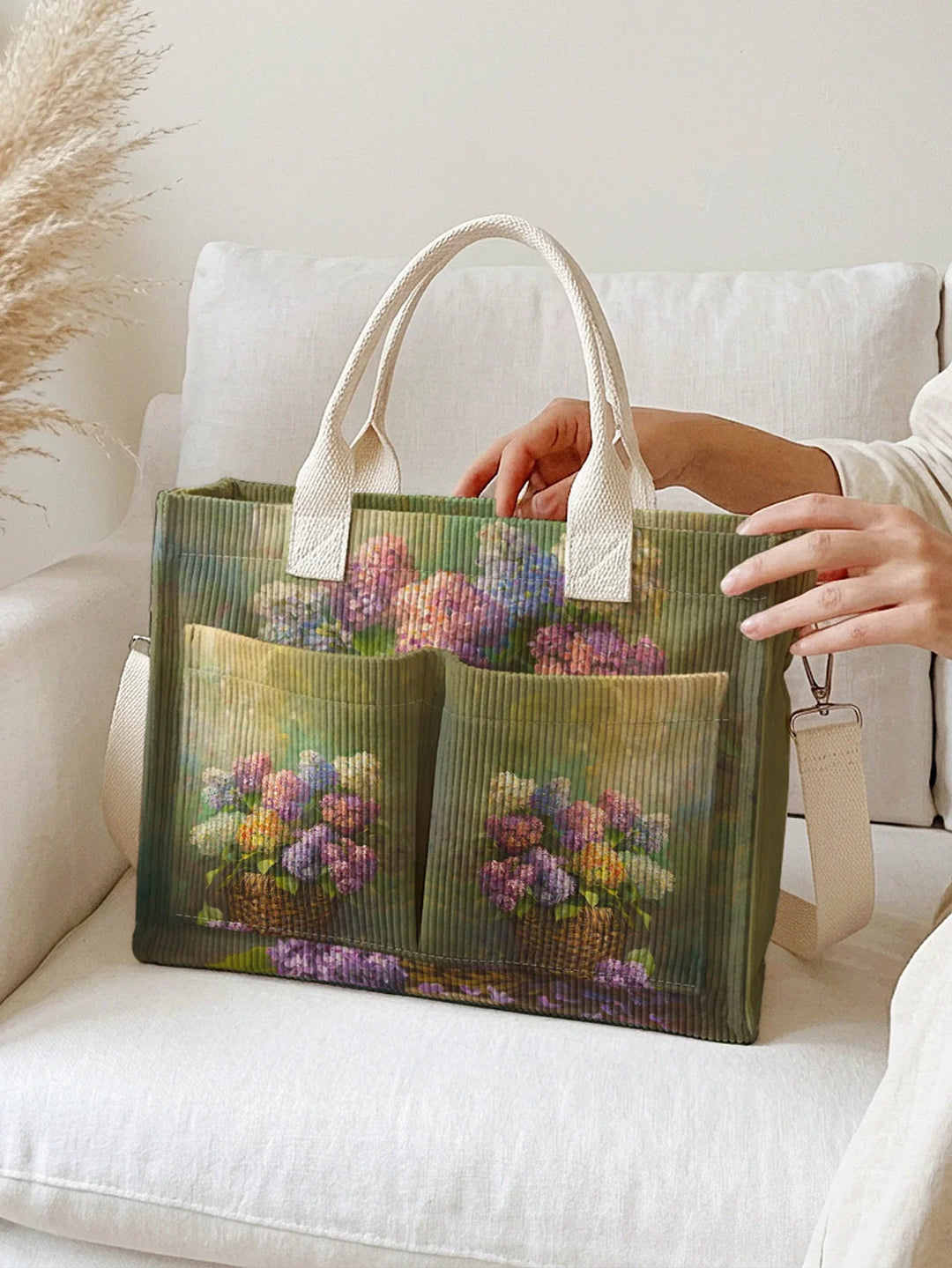 Victorine | Sac cabas en velours côtelé hortensias