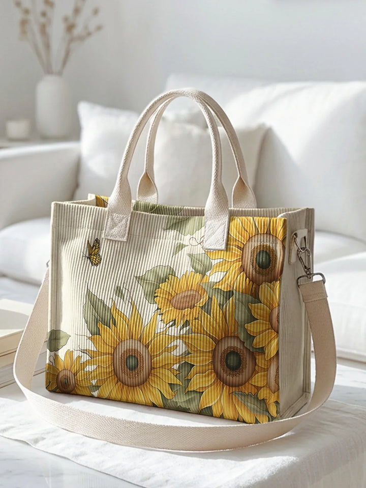 Sélène | Sac cabas en velours côtelé papillon et tournesols