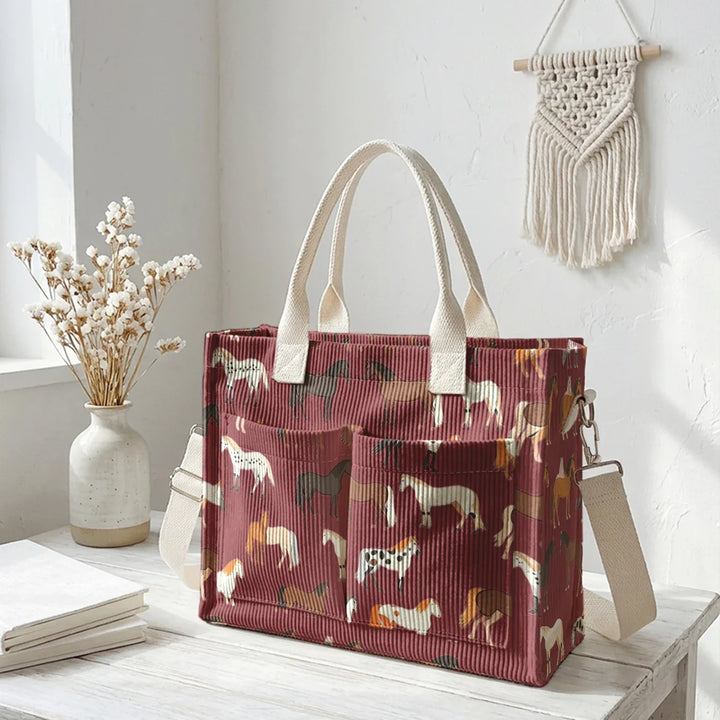 Romaine | Sac cabas en velours côtelé chevaux