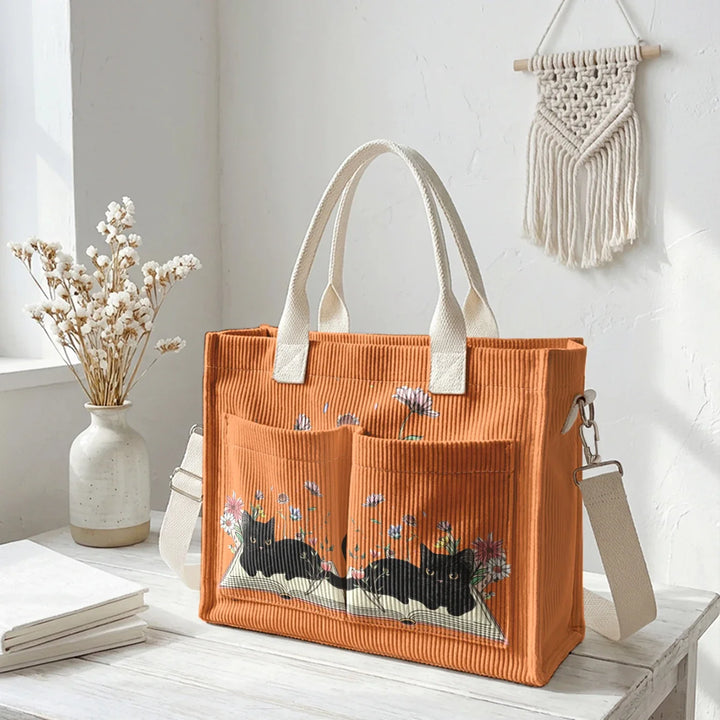 Nélia | Sac cabas en velours côtelé chat lecteur