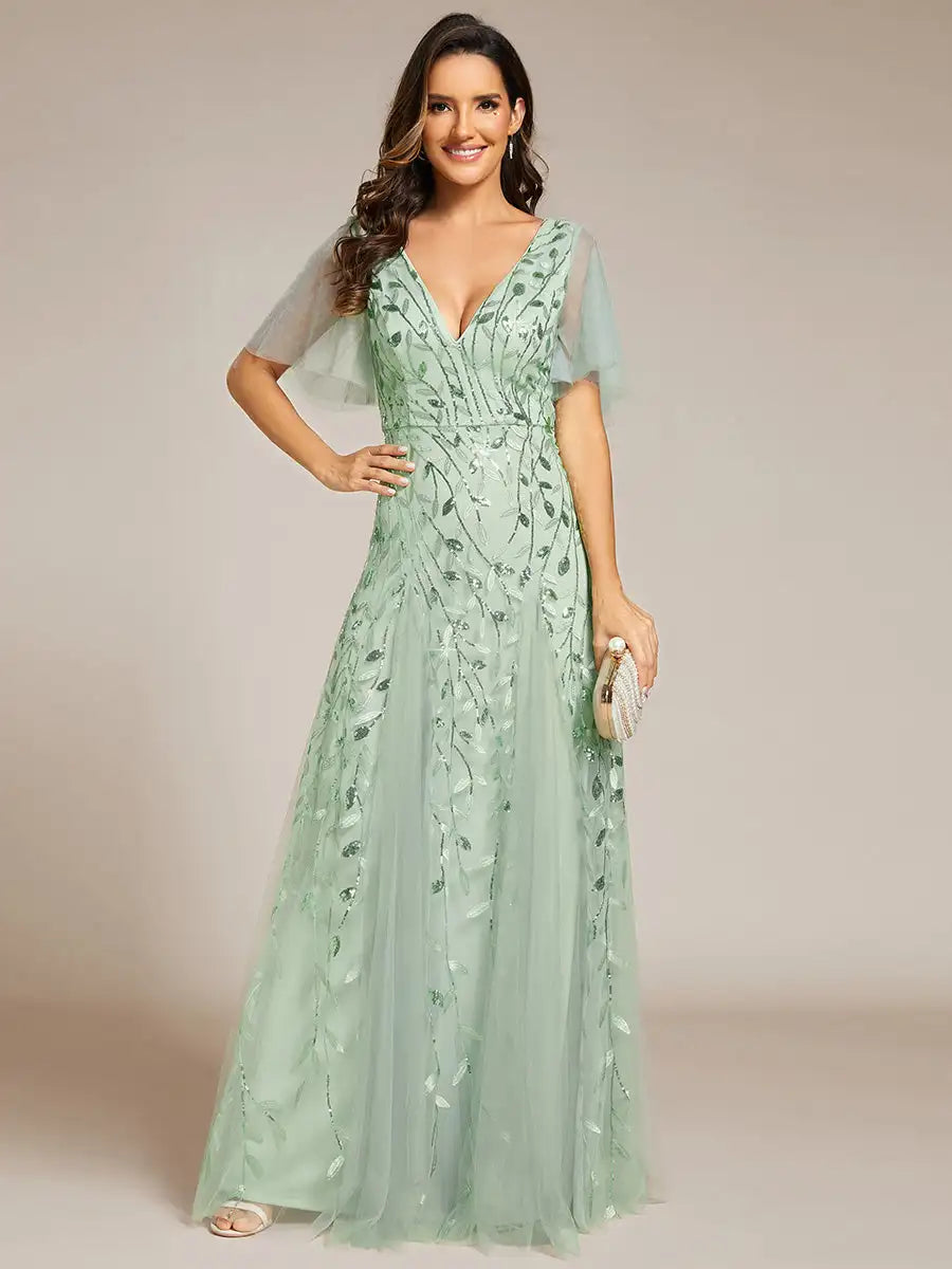 Tessa | Robe de Soirée avec Manches Volantes en Sequins