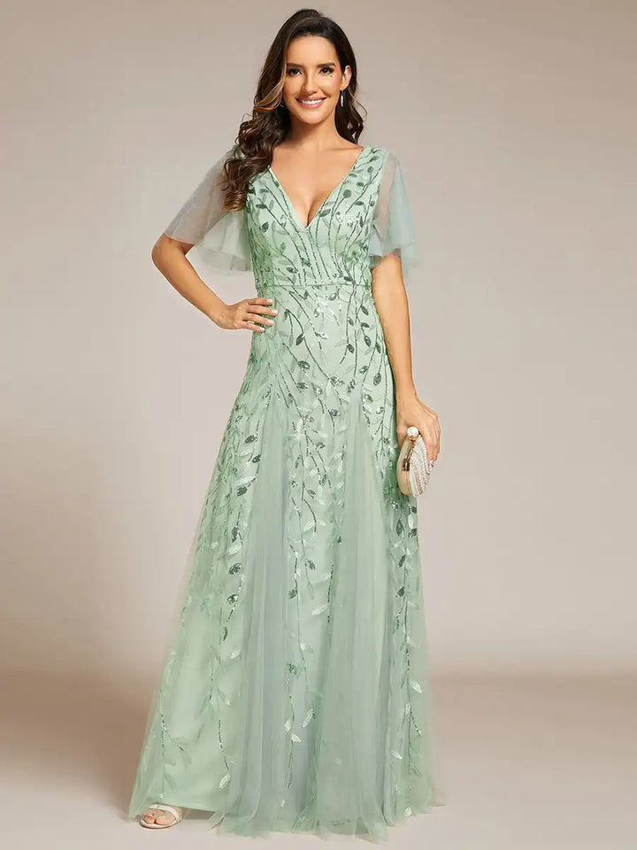 Tessa | Robe de Soirée avec Manches Volantes en Sequins