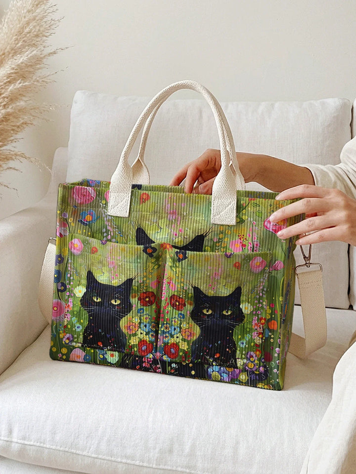 Prudence | Sac cabas en velours côtelé chats noirs au jardin