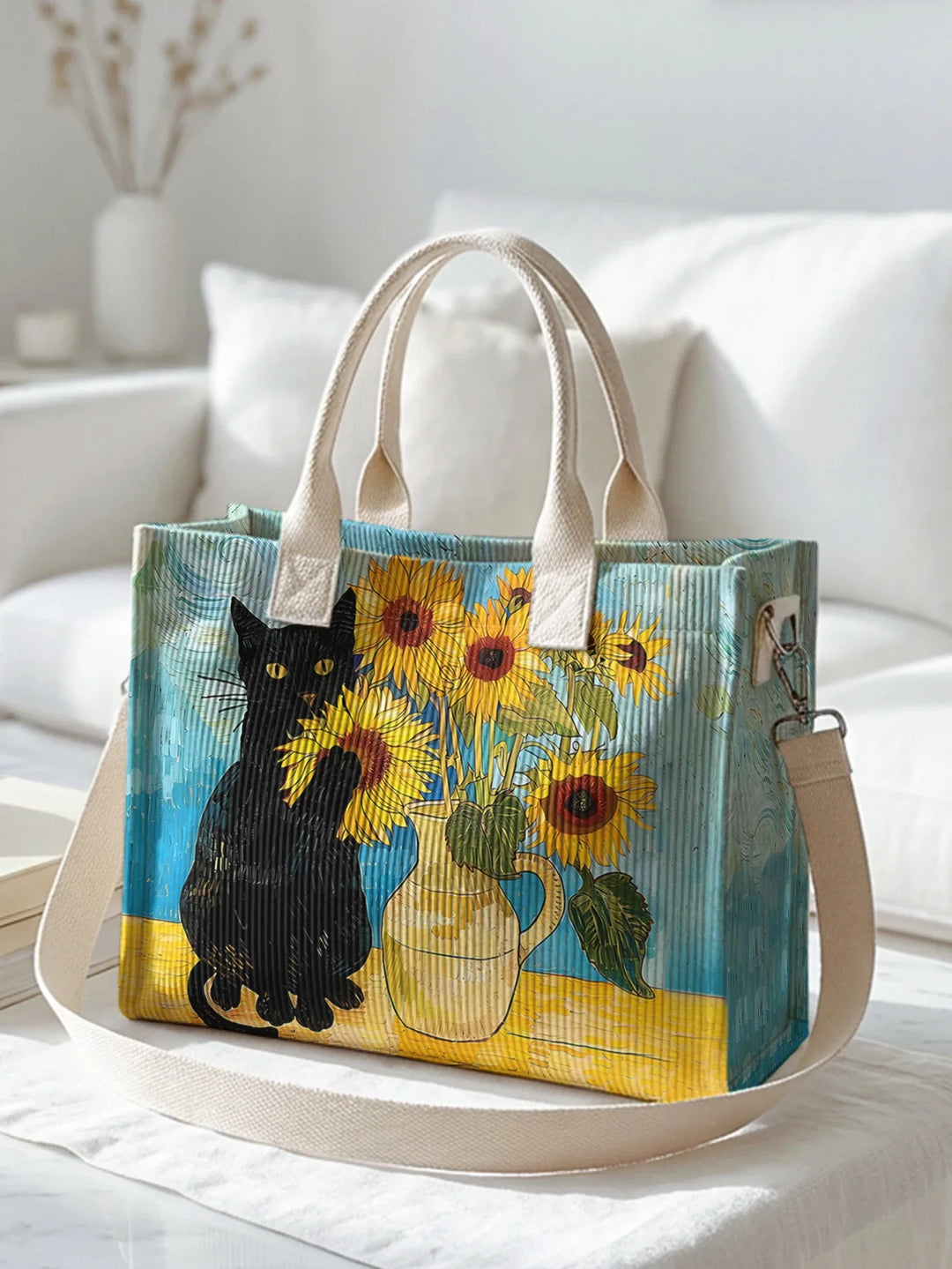 Pascale | Sac cabas en velours côtelé chat noir et tournesols