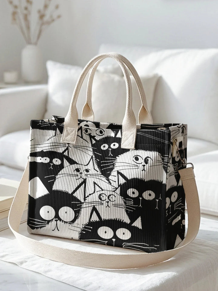 Ophélie | Sac cabas en velours côtelé chats noir et blanc
