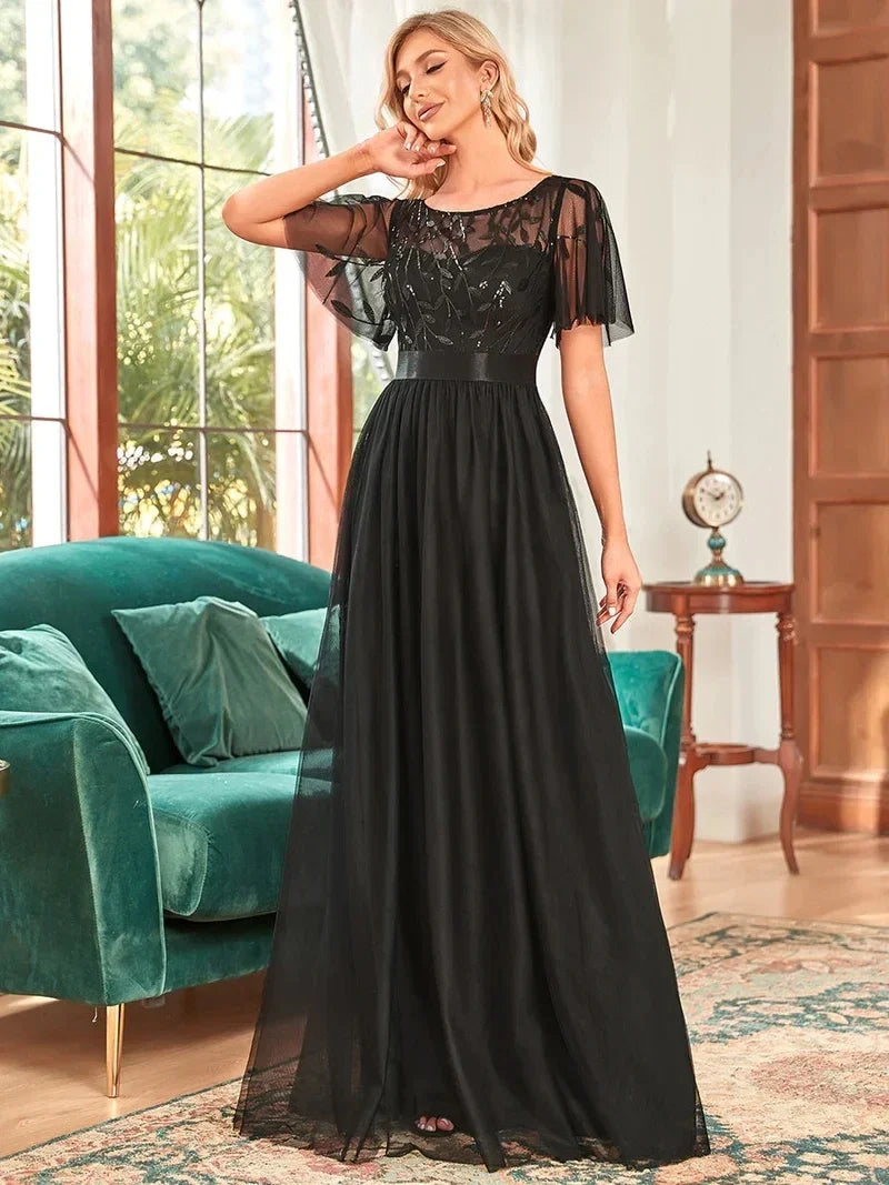 Elodie | Robe de Soirée à Manches Courtes en Sequins