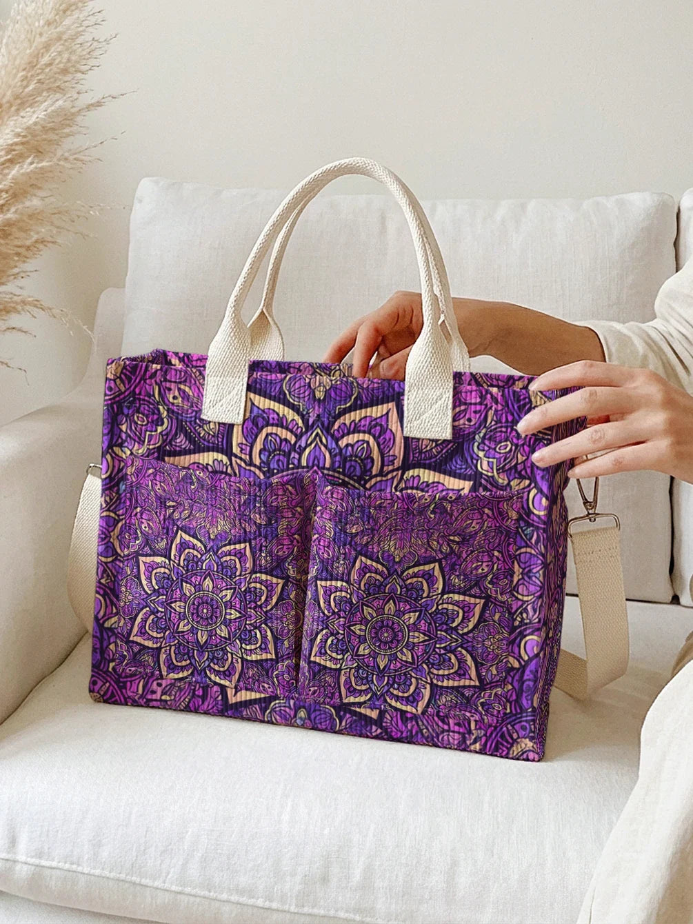 Yaëlle | Sac cabas en velours côtelé mandala violet