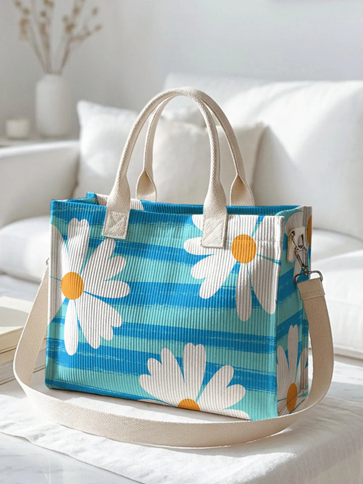 Toinette | Sac cabas en velours côtelé marguerites et rayures bleues