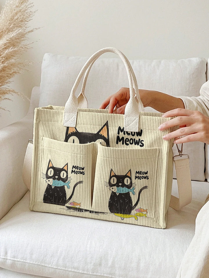 Nelly | Sac cabas en velours côtelé chats noirs