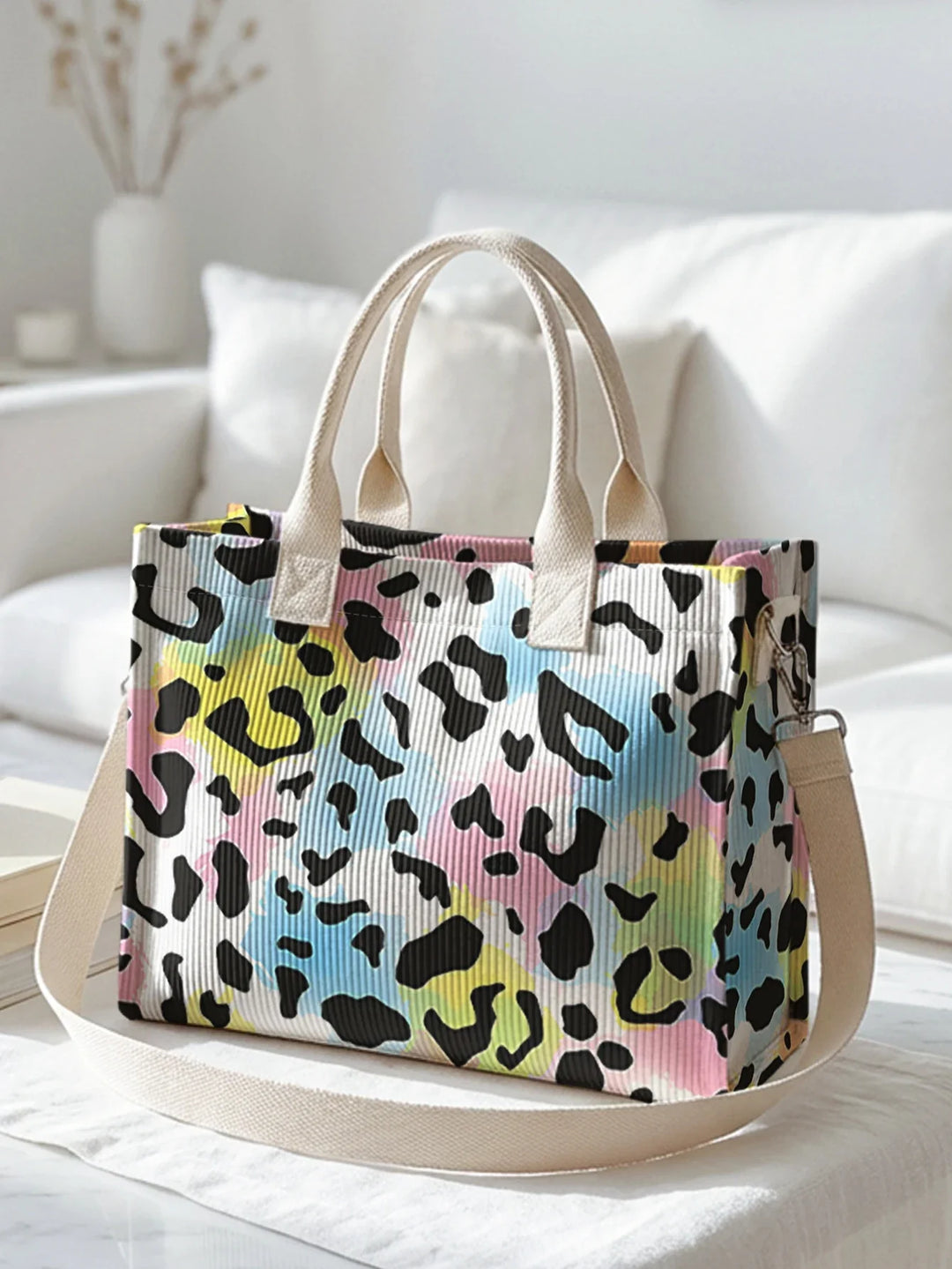 Raymonde | Sac cabas en velours côtelé léopard pastel