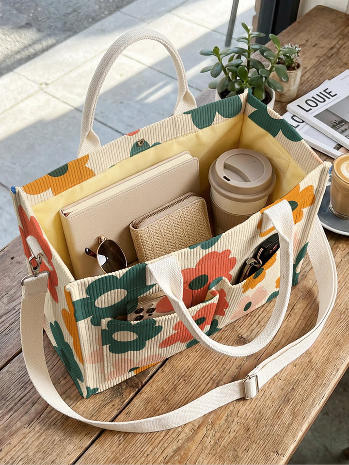 Valériane | Sac cabas en velours côtelé fleurs rétro sur fond beige