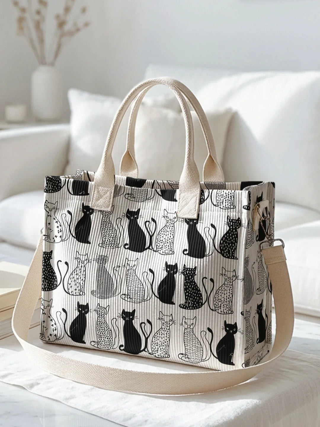 Noa | Sac cabas en velours côtelé petits chats graphiques