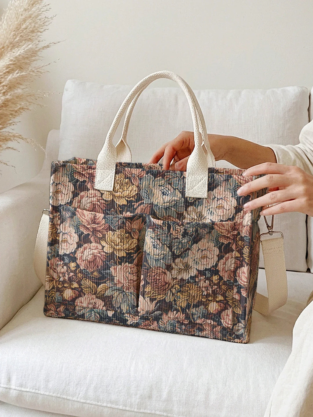 Vanina | Sac cabas en velours côtelé fleurs vintage