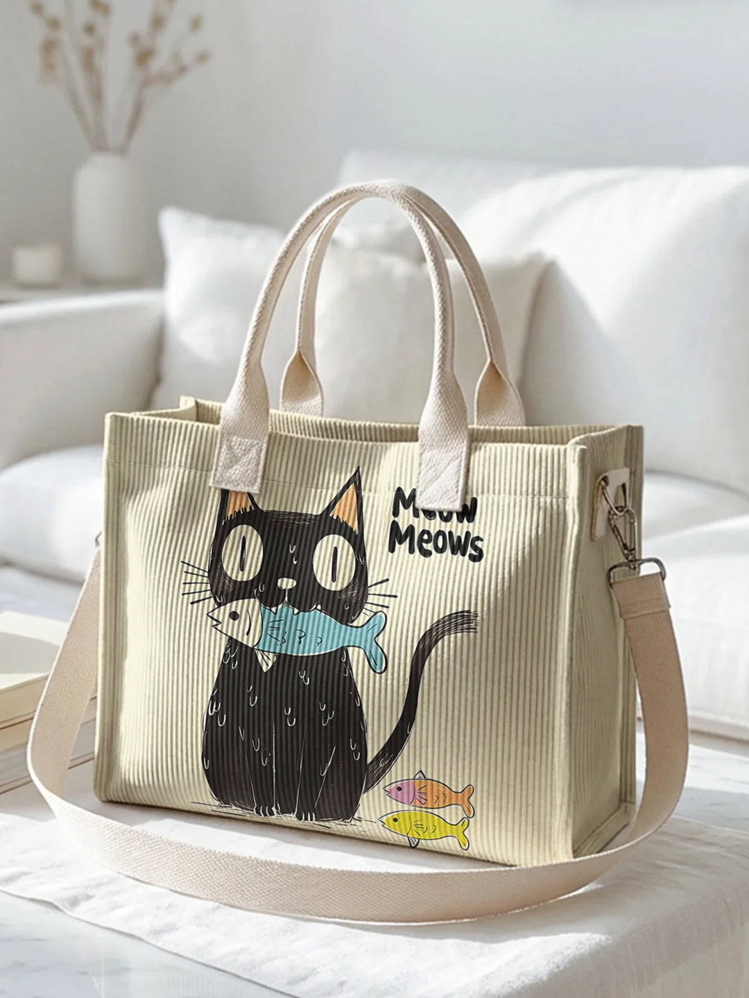 Nelly | Sac cabas en velours côtelé chats noirs