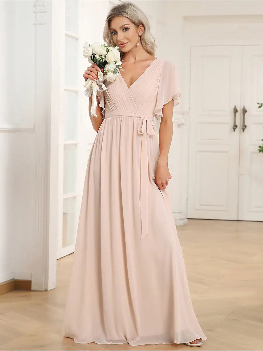 Celeste | Robe de Soirée en Chiffon à Manches Volantes