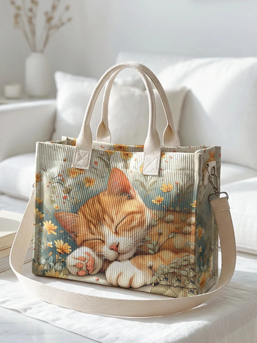 Pascaline | Sac cabas en velours côtelé chat endormi