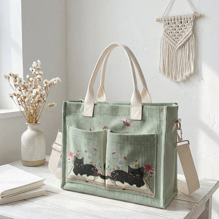 Nélia | Sac cabas en velours côtelé chat lecteur