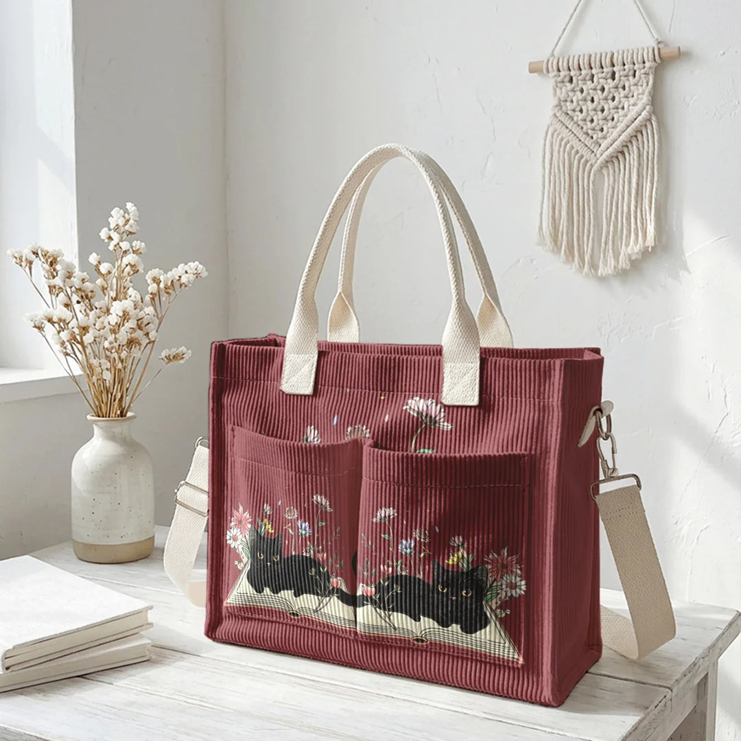Nélia | Sac cabas en velours côtelé chat lecteur