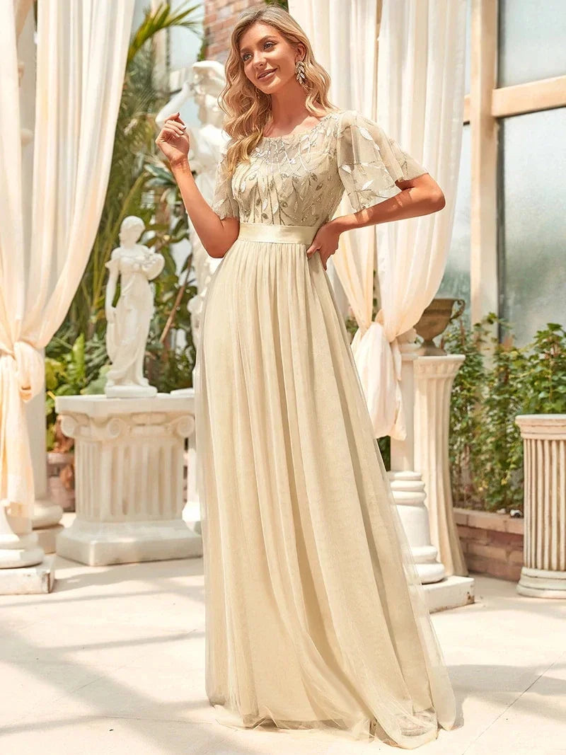 Elodie | Robe de Soirée à Manches Courtes en Sequins