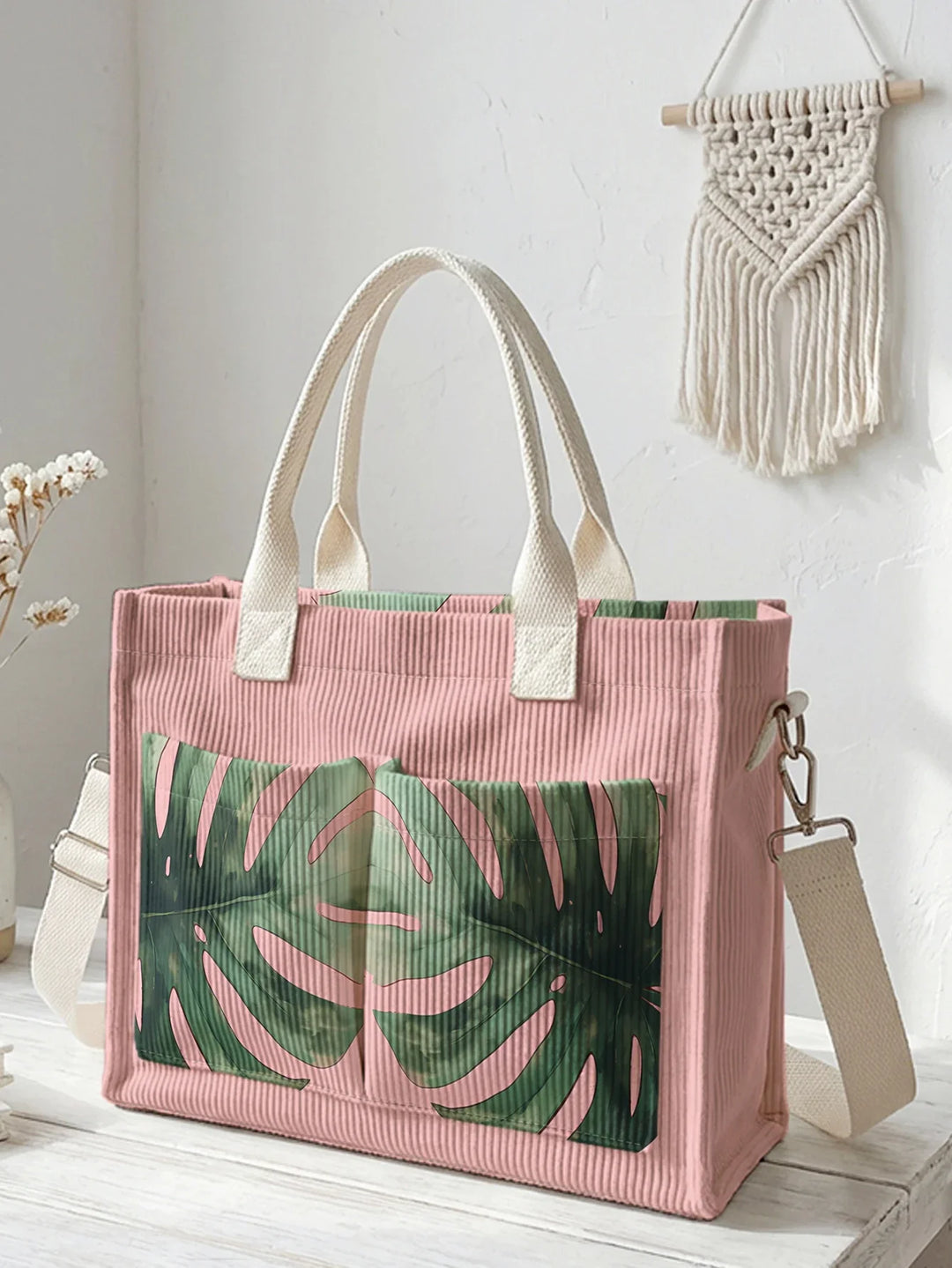 Violaine | Sac cabas en velours côtelé feuille de monstera